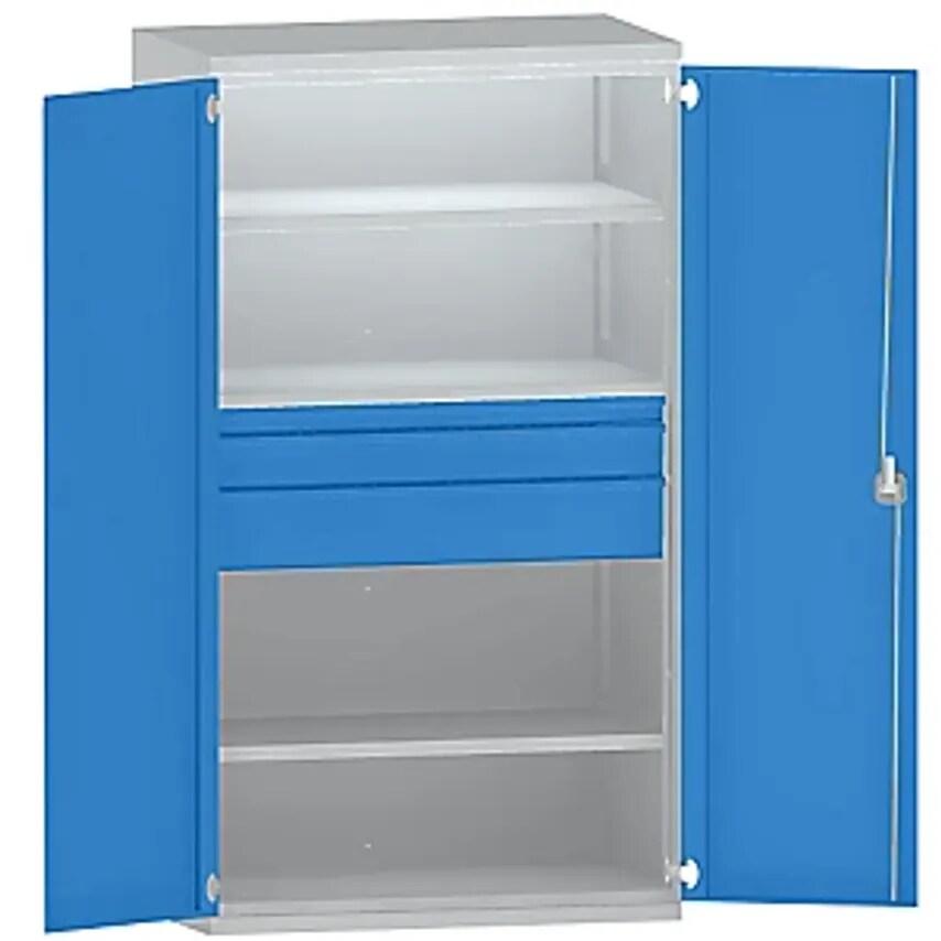 Heavy Duty Cupboard Steel - 3 Shelves - Drawers 1 X 60mm, 1 X 120mm, 1 X 180mm High, Light Grey/Light Blue