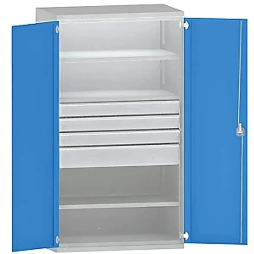 Heavy Duty Cupboard Steel - 3 Shelves - Drawers 3 X 120mm, 1 X 180mm High, Light Grey/Light Blue