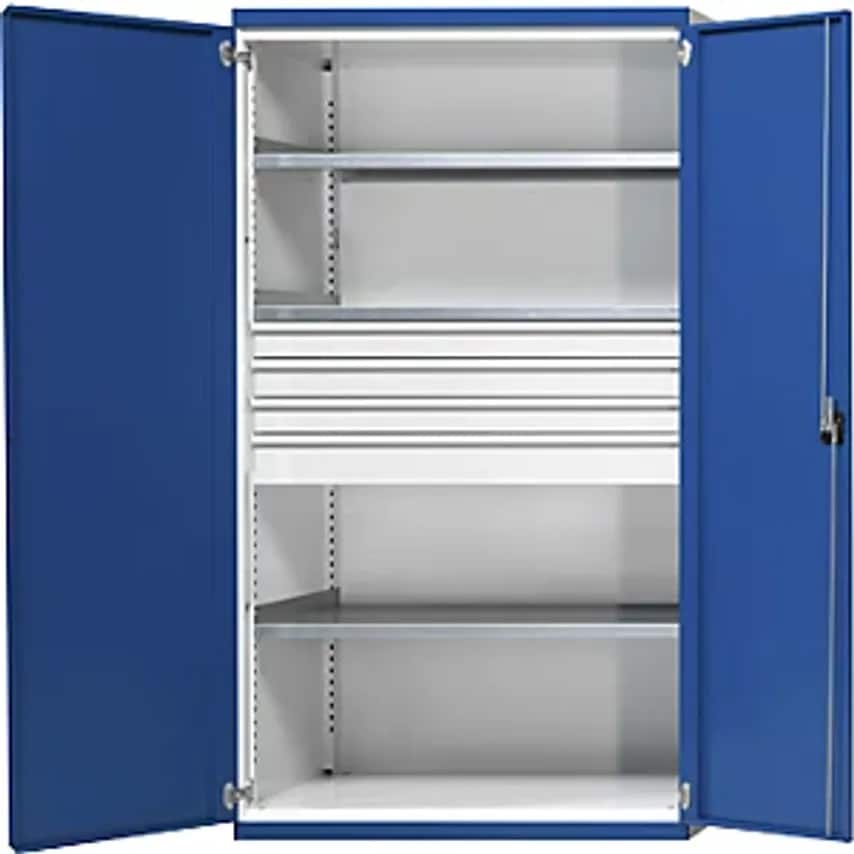 Heavy Duty Cupboard With 3 Shelves, 4 Drawers - 3 X 90, 1 X 120mm, HxWxD 1950 X 1084 X 690mm