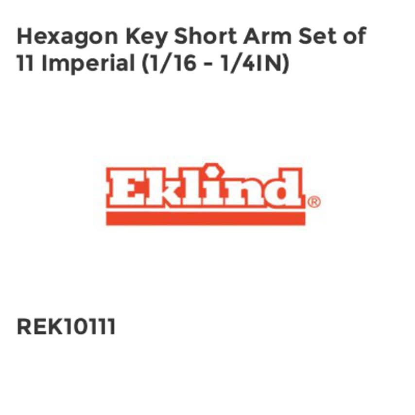 Hexagon Key Short Arm Set of 11 Imperial (1/16 - 1/4in)