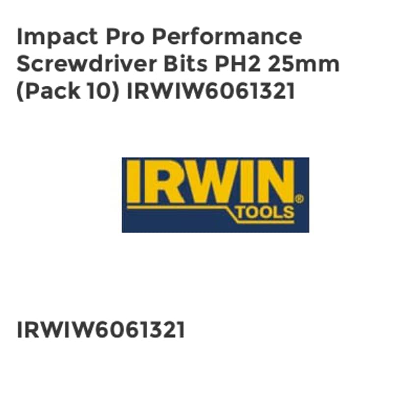 Impact Pro Performance Screwdriver Bits PH2 25mm (Pack 10) IRWIW6061321