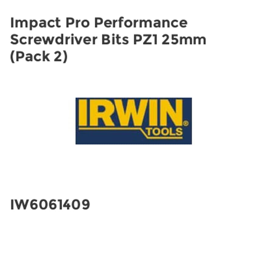 Impact Pro Performance Screwdriver Bits PZ1 25mm (Pack 2) IRWIW6061409