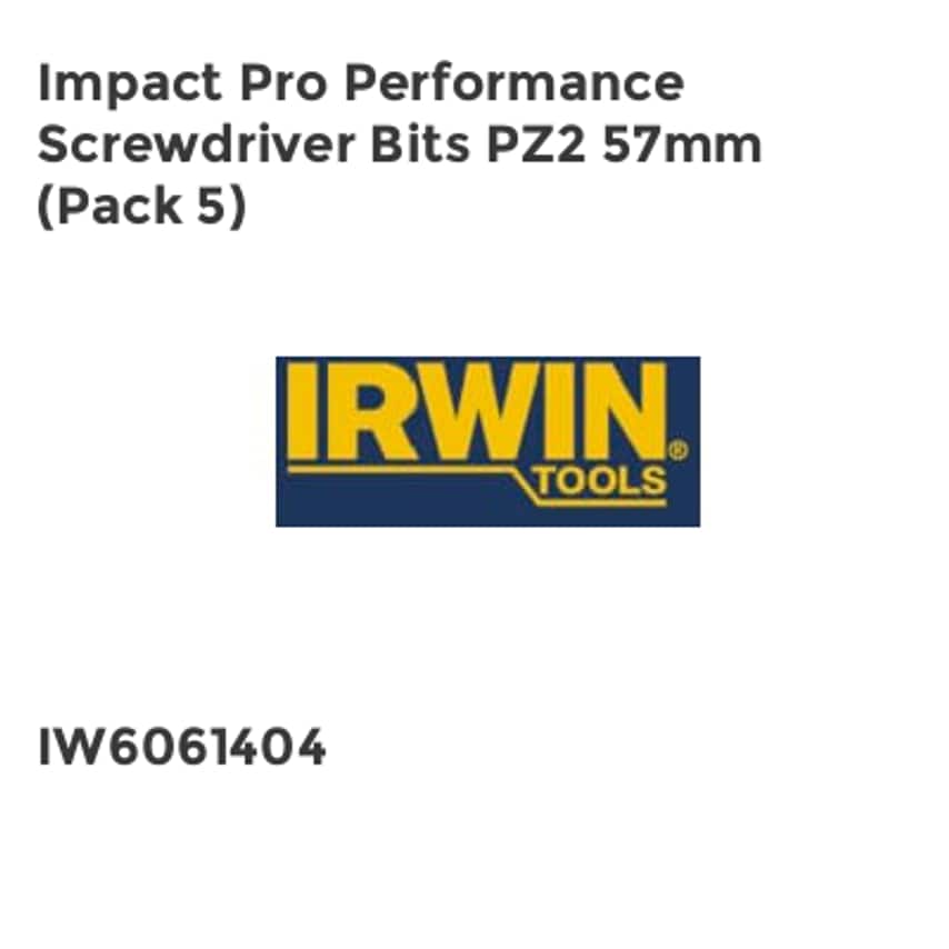 Impact Pro Performance Screwdriver Bits PZ2 57mm (Pack 5) IRWIW6061404