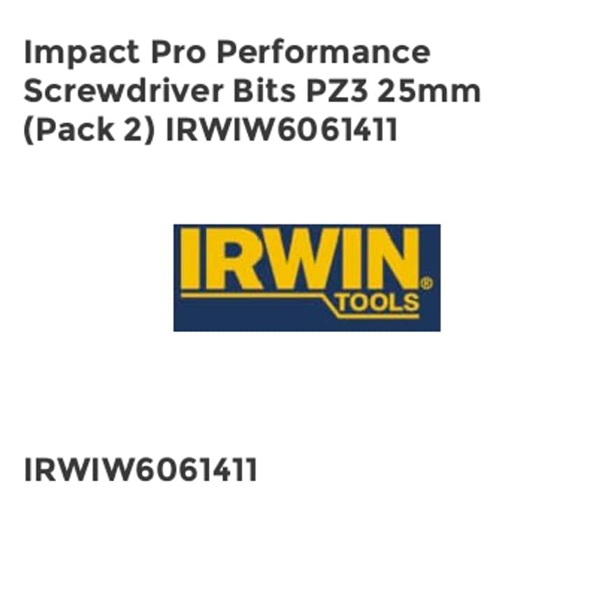 Impact Pro Performance Screwdriver Bits PZ3 25mm (Pack 2) IRWIW6061411