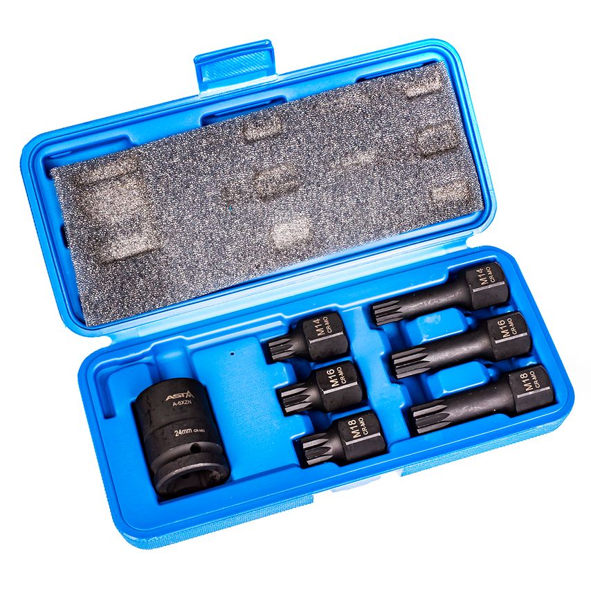 Impact Spline Socket Bit XZN 7pc Set 1/2" with Adapter for 3/4" Square Drive
