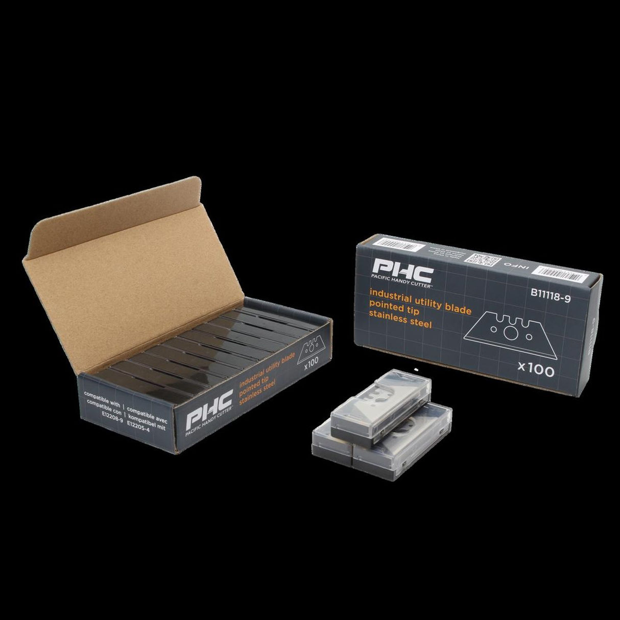 Industrial Utility Blade Pointed Tip Stainless Steel - Metti & Volo Knives. Metti MD and Volo MD Safety Knives. 100 blades