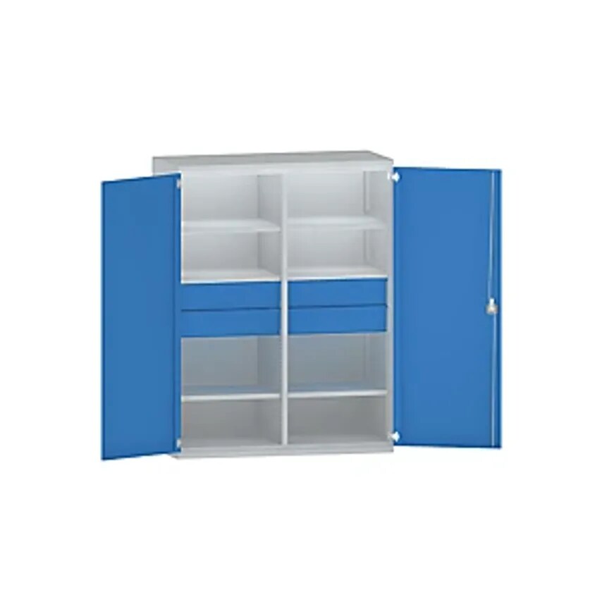 JUMBO Heavy Duty Cupboard Sheet Steel - 6 Shelves - 4 X 180mm High Drawers, Light Grey/Light Blue.
