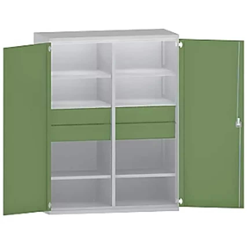 JUMBO Heavy Duty Cupboard Sheet Steel - 6 Shelves - 4 X 180mm High Drawers, Light Grey/Reseda Green.