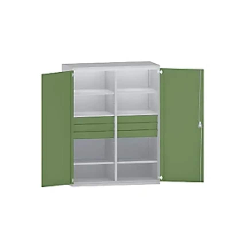 JUMBO Heavy Duty Cupboard Sheet Steel - 6 Shelves - 6 X 120mm High Drawers, Light Grey/Reseda Green.