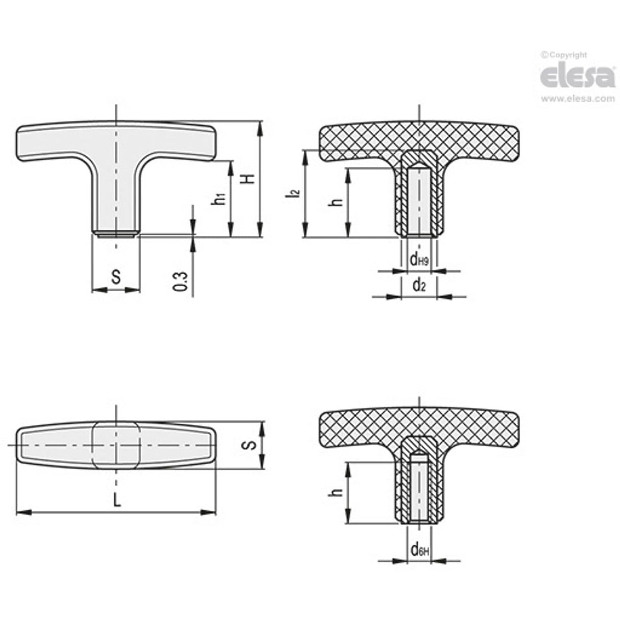 L652 T-Handles Technopolymer Plain or threaded hole L.652/95 B-M12-C9