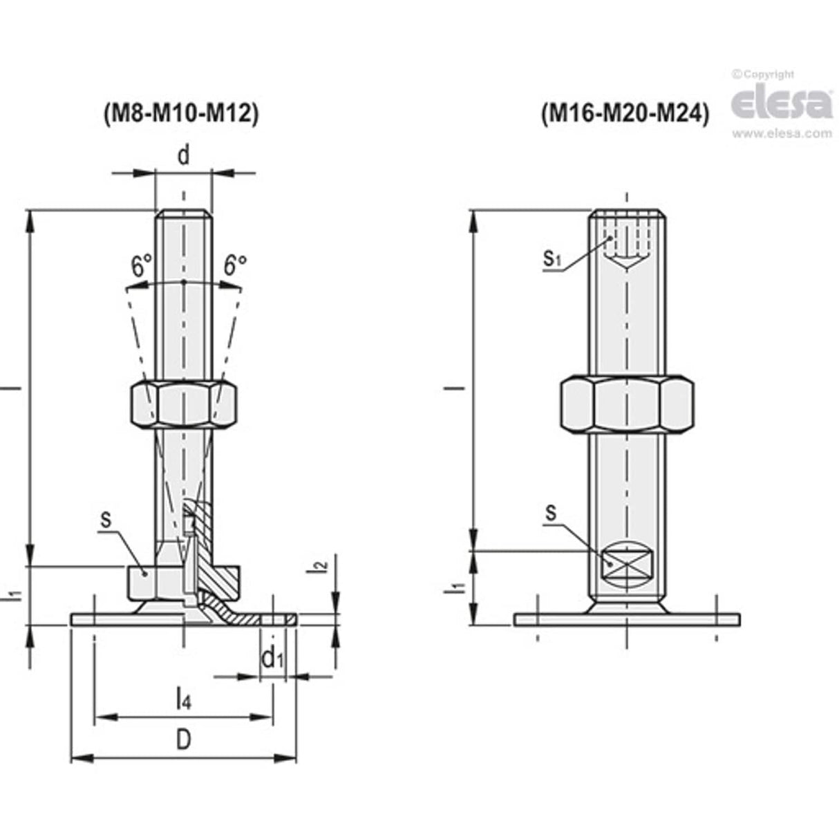 Levelling feet, ground mounting-LMP.50-M16x75-FF