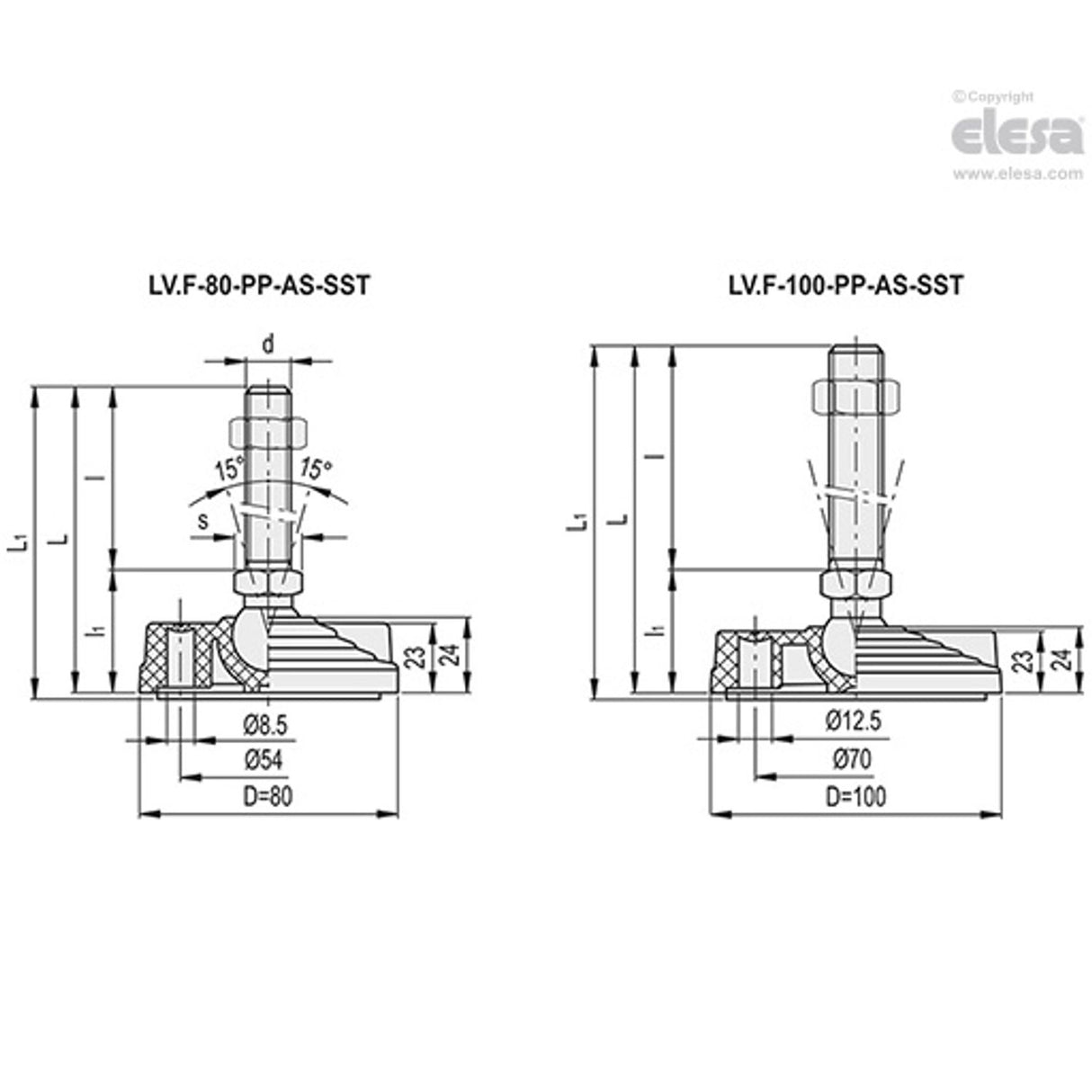 Levelling feet, ground mounting-LV.F-100-PP-24-AS-SST-M16x158