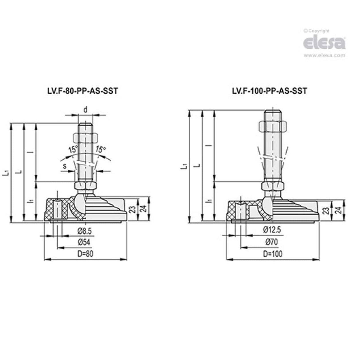 Levelling feet, ground mounting-LV.F-80-PP-24-AS-SST-M16x158