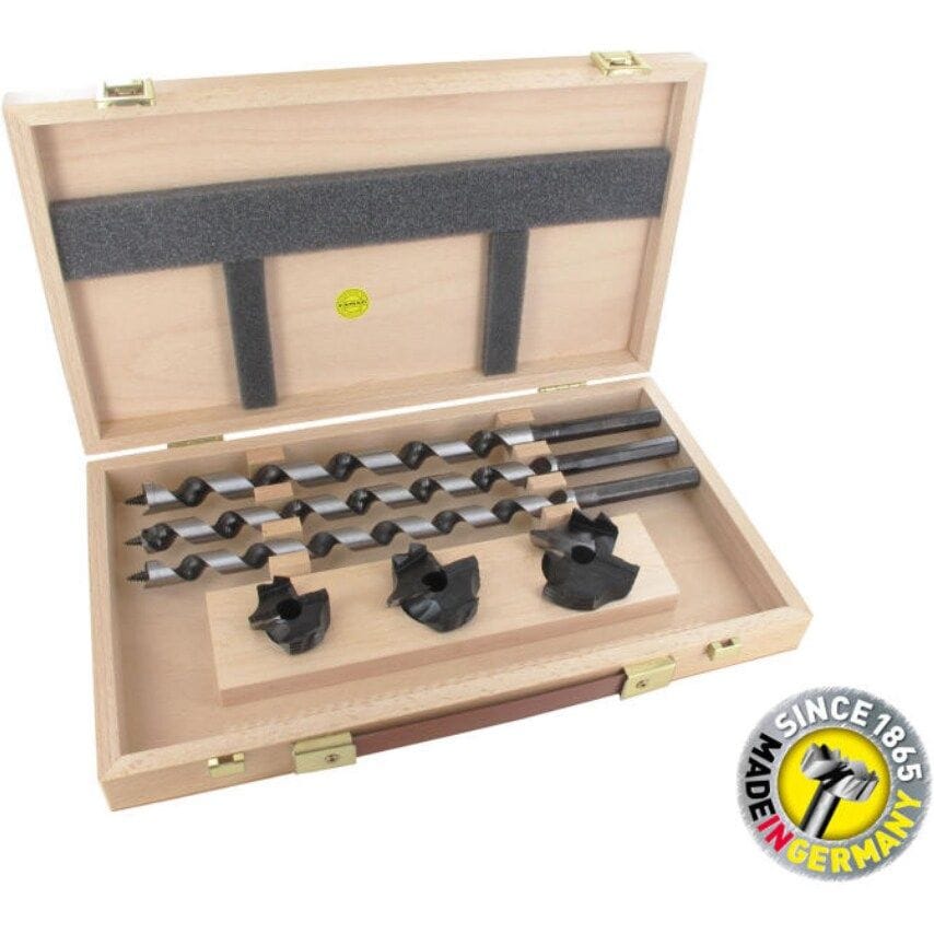 Lewis Auger Bits OAL 320mm & Bormax Countersink 6 Pieces Set in Wooden Box, 1411300
