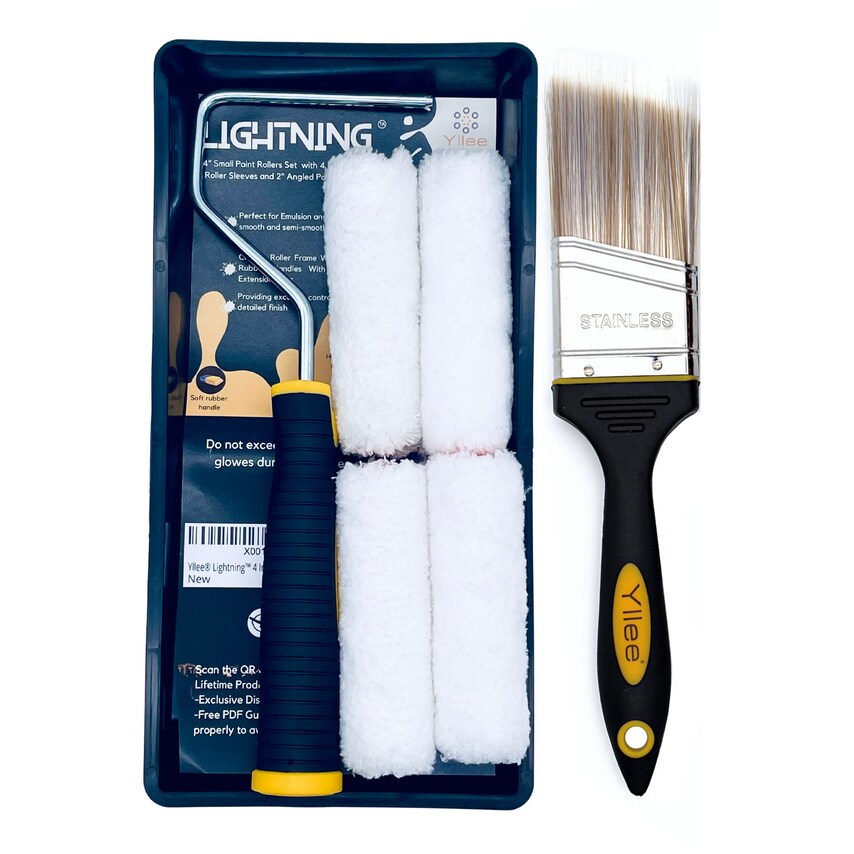 Lightning Premium Quality 7 Pieces Decorating 4in Mini Paint Roller & Brush Set. Package Dimensions: 11.7 x 6.7 x 2.4 Inches