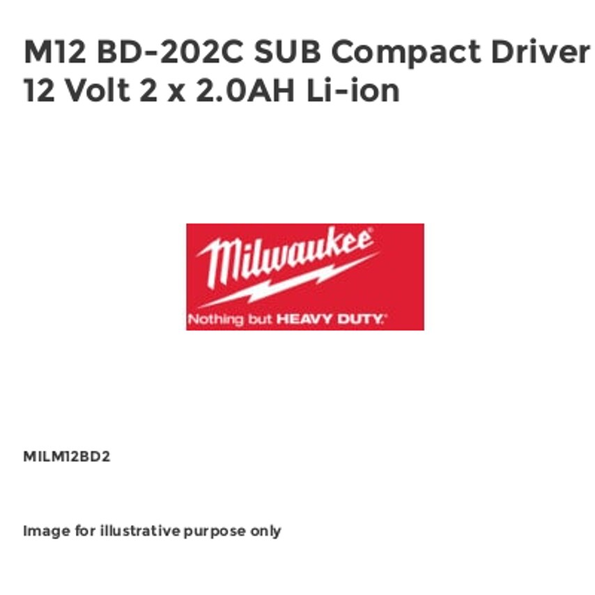 M12 BD-202C SUB Compact Driver 12 Volt 2 x 2.0AH Li-ion MILM12BD2