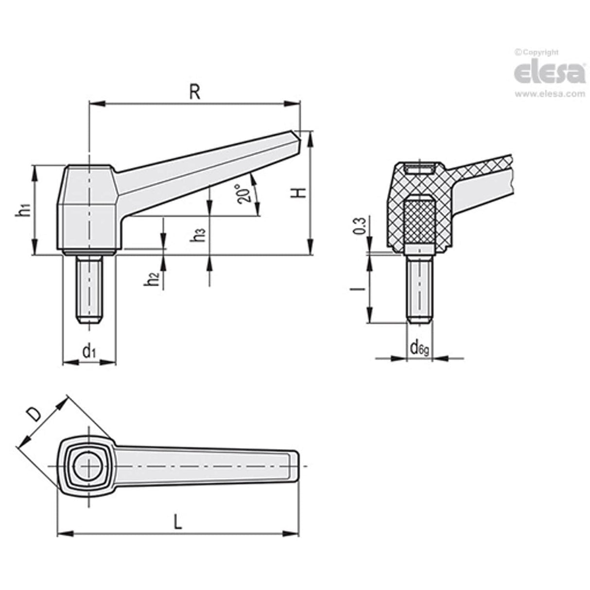 MF Lever handles Technopolymer Zinc-plated steel threaded stud MF.40 p-M6x16-C3