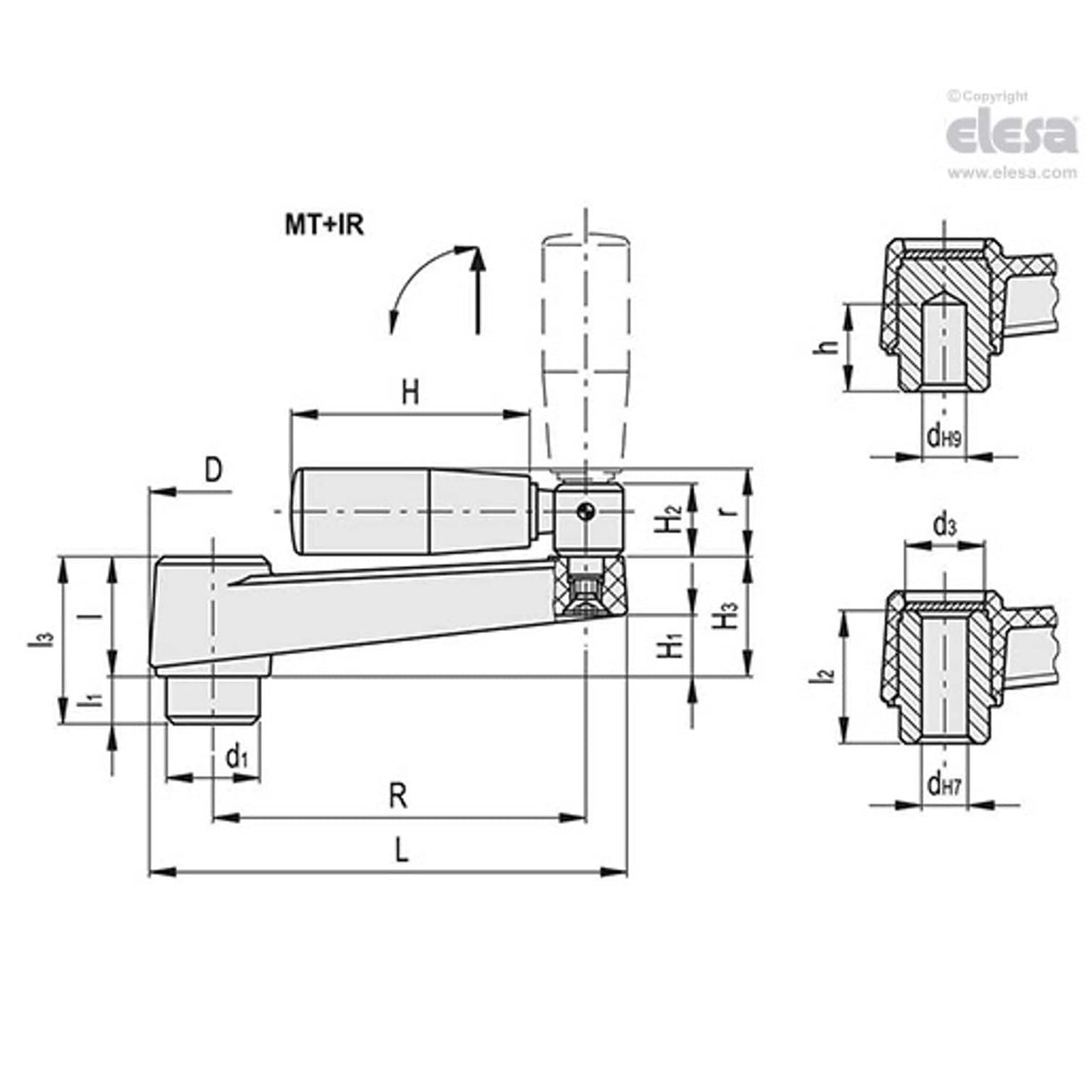 MT Crank handles Technopolymer Fold-away handle drilled hub MT.80+IR A-10