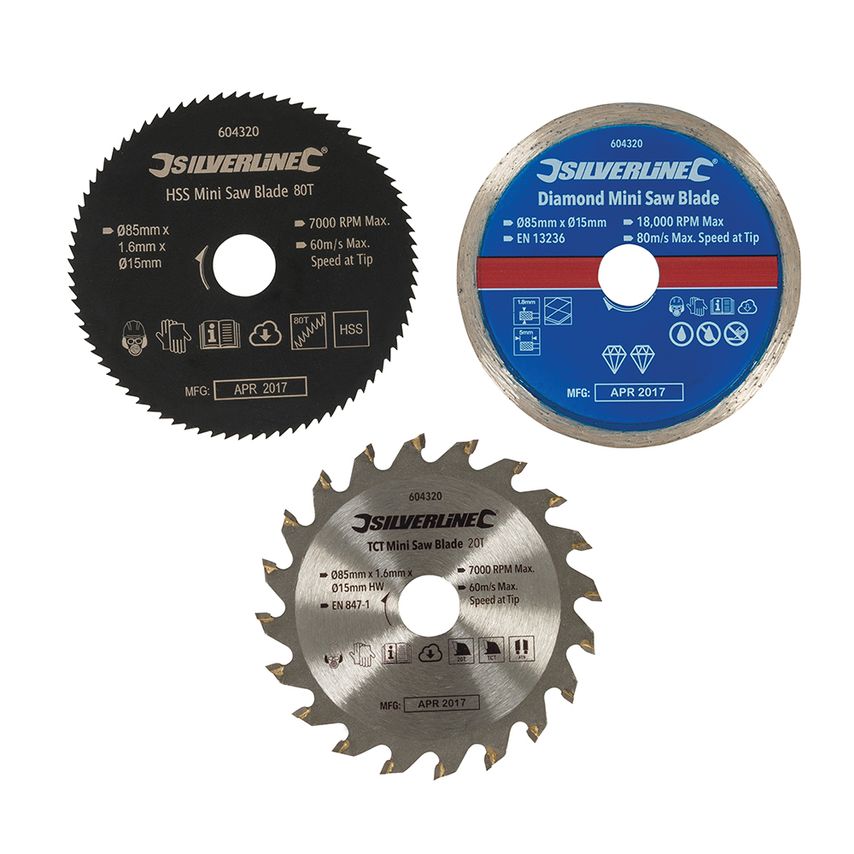 Mini Saw Blade Set 3 Piece 85mm Dia - 15mm Bore