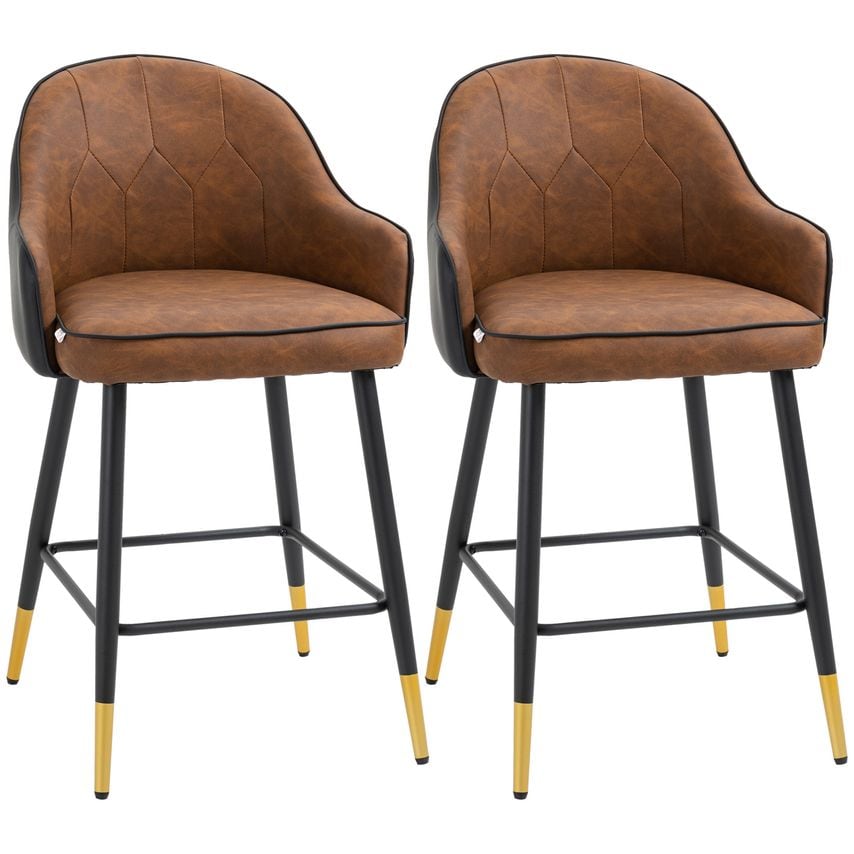 Modern Bar Stools Set of 2, Upholstered Kitchen Stool with Back, Armrest, Brown