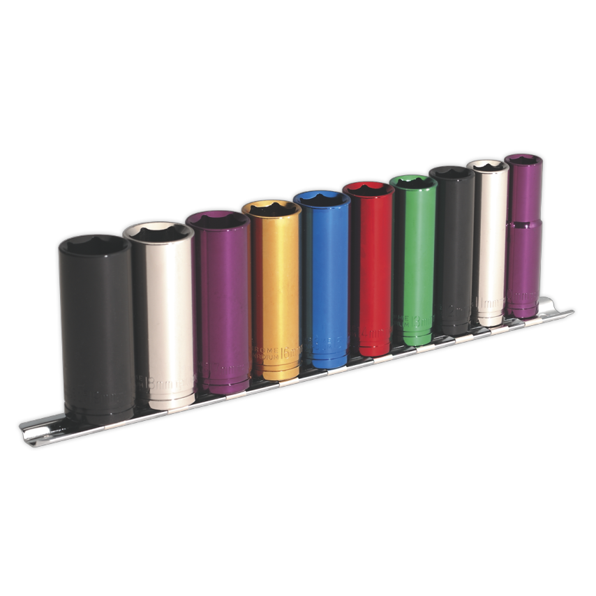 Multi-coloured Socket Set10 Piece 3/8" Square Drive 6PT Deep WallDrive Metric