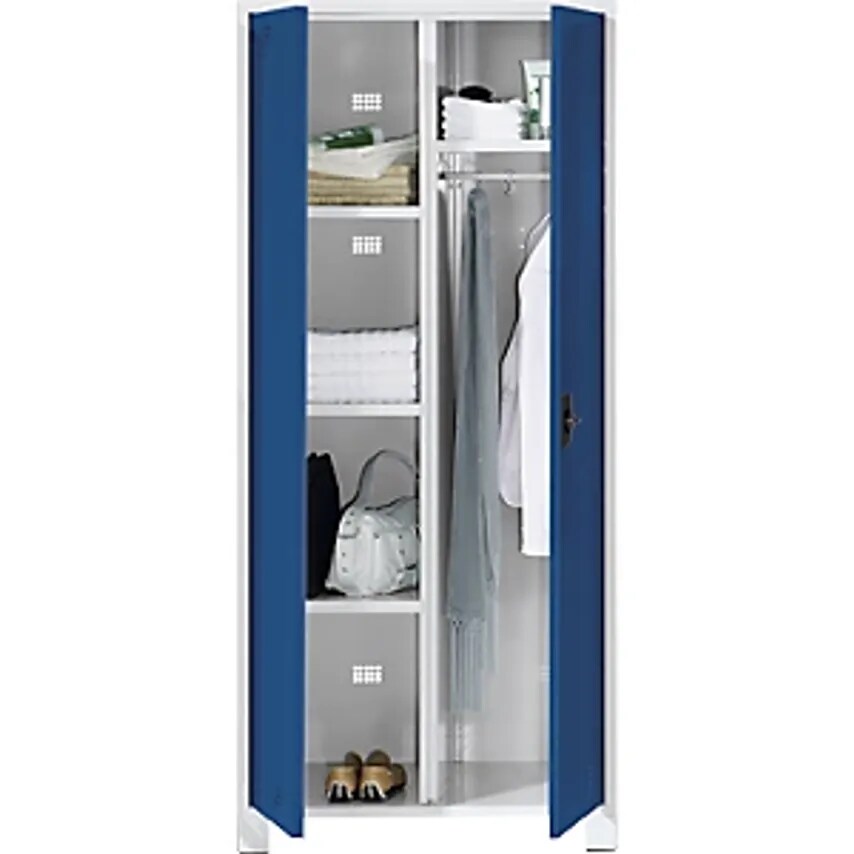 Multi-purpose Cupboard And Cloakroom Locker - With Clothes Rail - Width 600mm, Light Grey Body, Brilliant Blue Doors