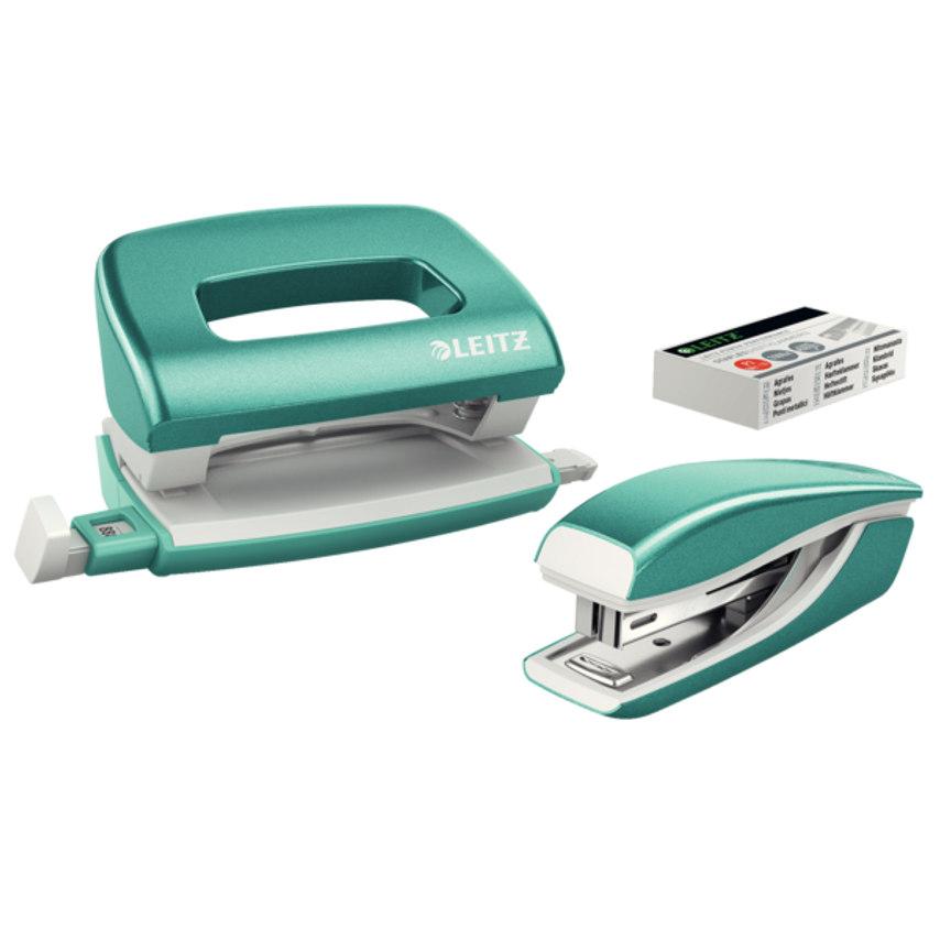 NeXXt WOW Mini Stapler and Hole Punch Set 10 Sheets. Handy Mini Version Includes Staples, In Blister Pack Ice Blue