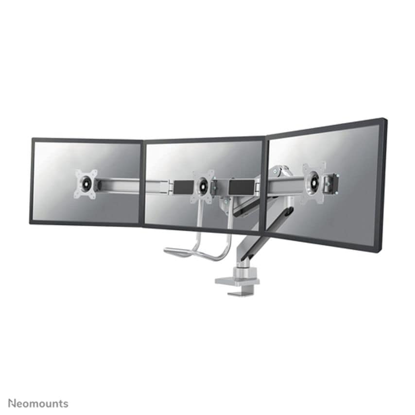 Neomounts by Select Full Motion Dual Desk Mount (clamp & grommet) with crossbar and handle for three 17-27" Monitor Screens, Height Adjustable (gas spring) - Silver