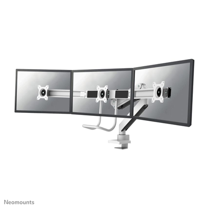 Neomounts by Select NM-D775DX3WHITE Full Motion Dual Desk Mount (clamp & grommet) with crossbar and handle for three 17-27" Monitor Screens, Height Adjustable (gas spring) - White