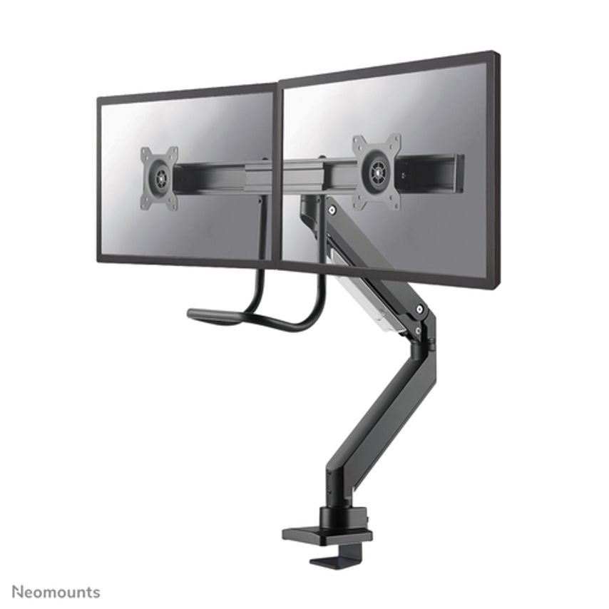 Neomounts by Select NM-D775DXBLACK Full Motion Dual Desk Mount (Clamp & Grommet) with Crossbar and Handle for Two 10-32" Monitor Screens, Height Adjustable (Gas Spring) - Black