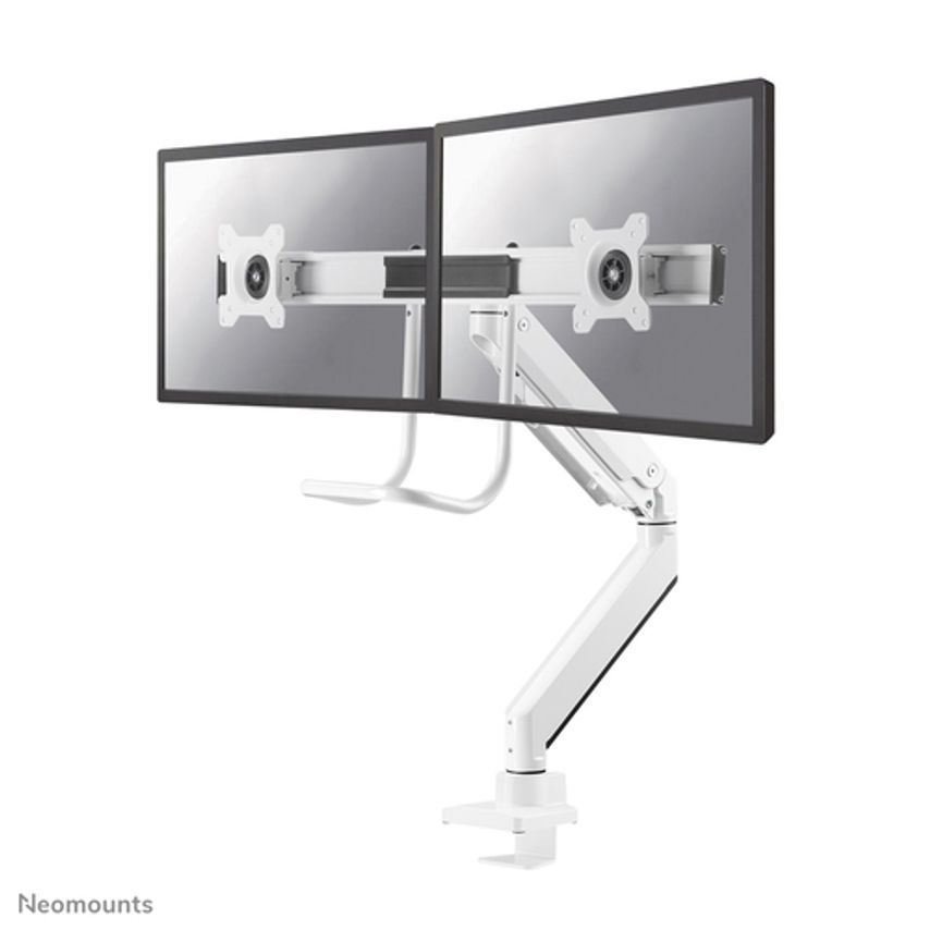 Neomounts by Select NM-D775DXWHITE Full Motion Dual Desk Mount (clamp & grommet) with crossbar and handle for two 10-32" Monitor Screens, Height Adjustable (gas spring) - White