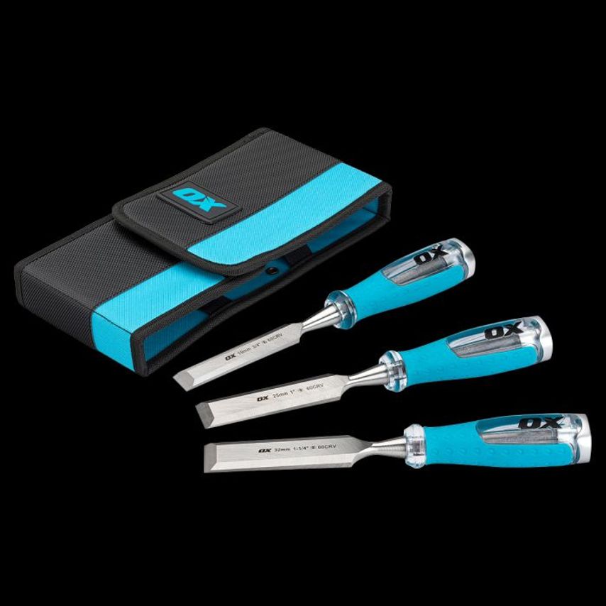 OX Pro 3 Piece Wood Chisel Set In Velcro Case 13mm, 19mm & 25mm OX P371203