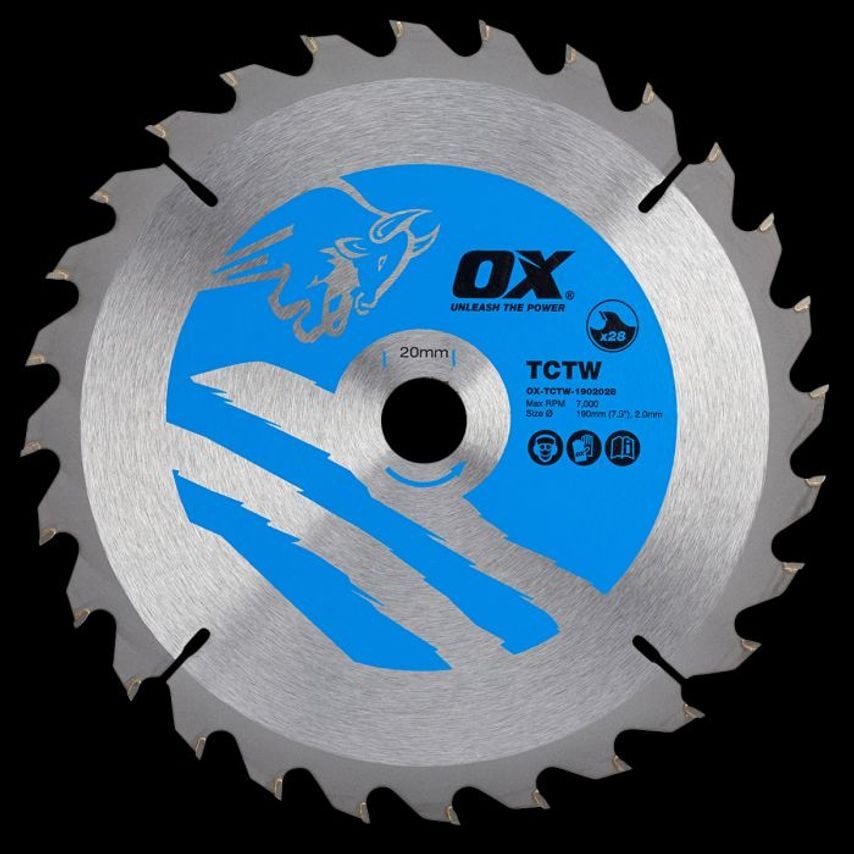 OX Wood Cutting Circular Saw Blade 190/20mm, 28 Teeth Atb OX TCTW 1902028
