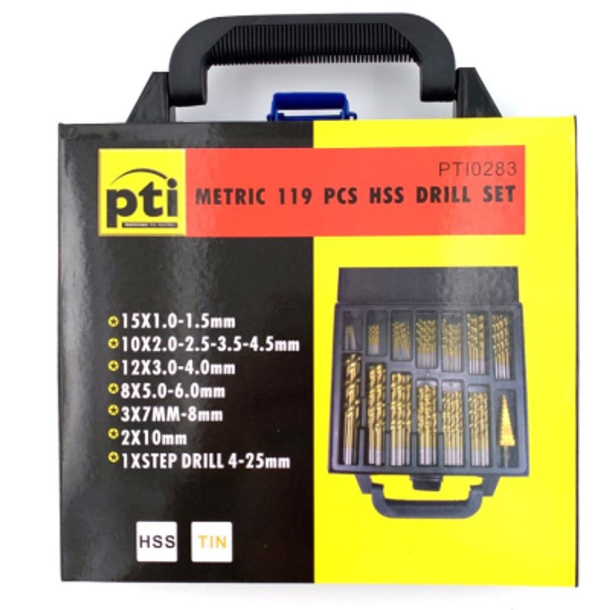 PTI 119 Piece HSS Jobber 1.0mm to 10mm with Step Drill 4-25mm