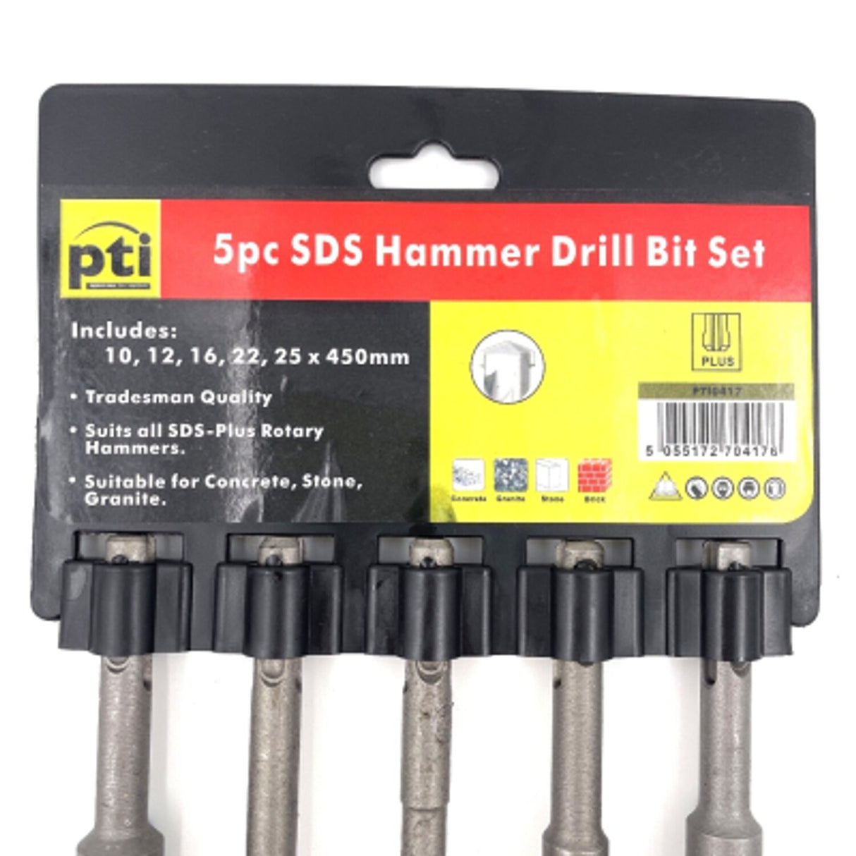PTI 5 Piece 450mm Long SDS Drill Set 10, 12, 16, 22, 25mm