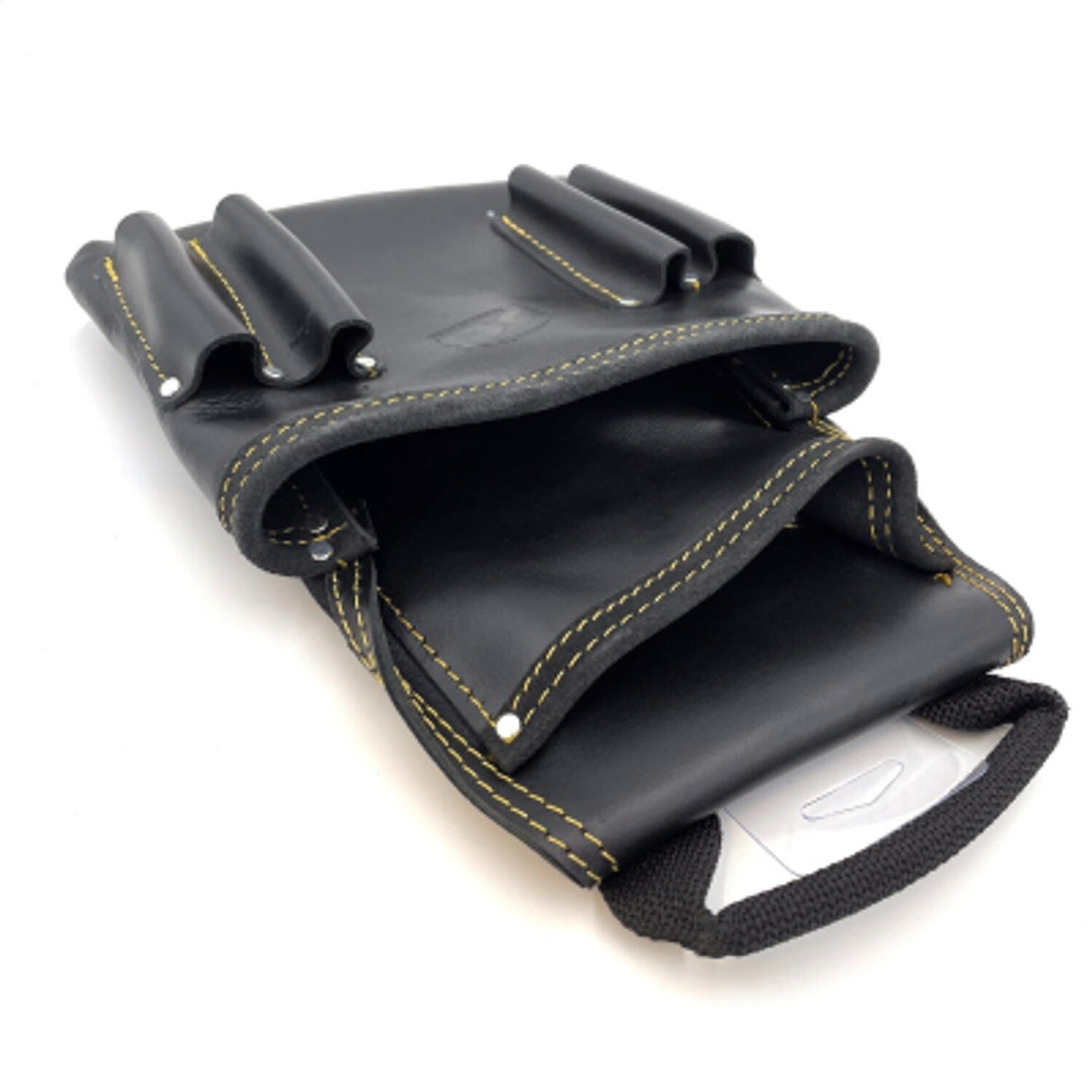 PTI Premium Black Leather Single Tool Pouch with 2 Pockets and 4 Tool Holder Slots