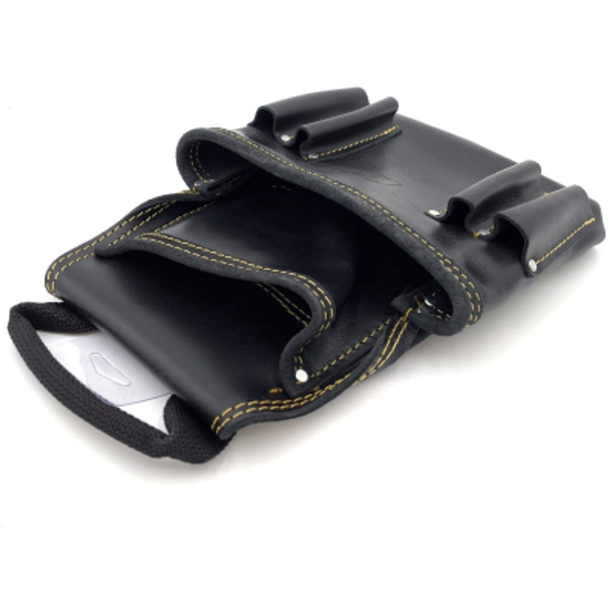 PTI Premium Black Leather Single Tool Pouch with 2 Pockets and 4 Tool Holder Slots