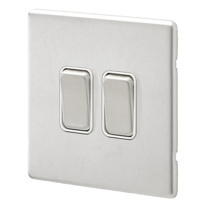 Plate Switch 2 Gang 2 Way SP 20A Brushed Stainless Steel White Inserts