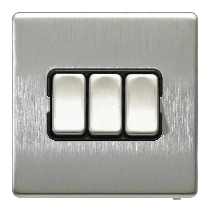 Plate Switch 3 Gang 2 Way SP 10A Brushed Stainless Steel Black Insert