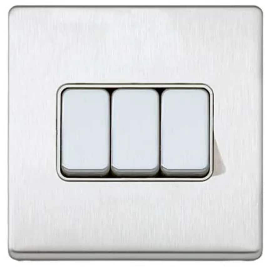 Plate Switch 3 Gang 2 Way SP 10A Brushed Stainless Steel White Insert