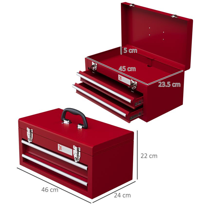Portable 2 Drawer Tool Chest Lockable Tool Box with Ball Bearing Runners Red