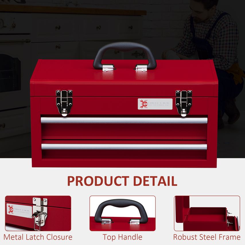 Portable 2 Drawer Tool Chest Lockable Tool Box with Ball Bearing Runners Red
