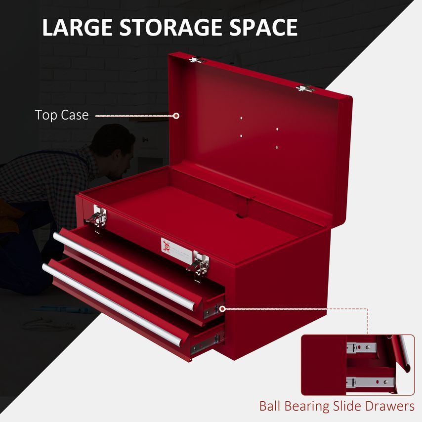 Portable 2 Drawer Tool Chest Lockable Tool Box with Ball Bearing Runners Red