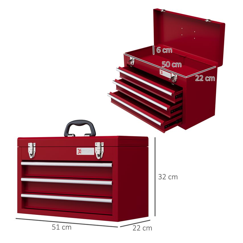 Portable 3 Drawer Tool Chest Lockable Tool Box with Ball Bearing Runners Red