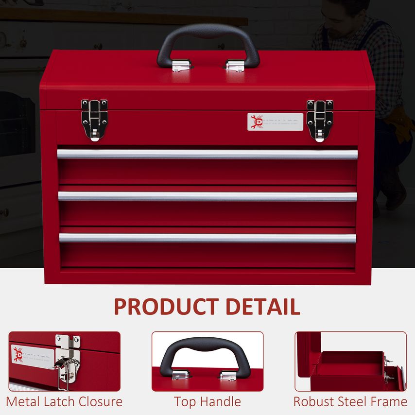 Portable 3 Drawer Tool Chest Lockable Tool Box with Ball Bearing Runners Red