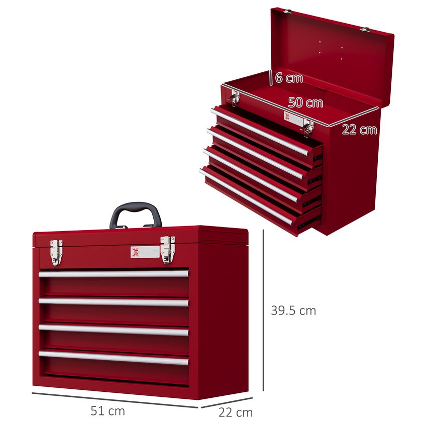 Portable 4 Drawer Tool Chest Lockable Tool Box with Ball Bearing Runners Red