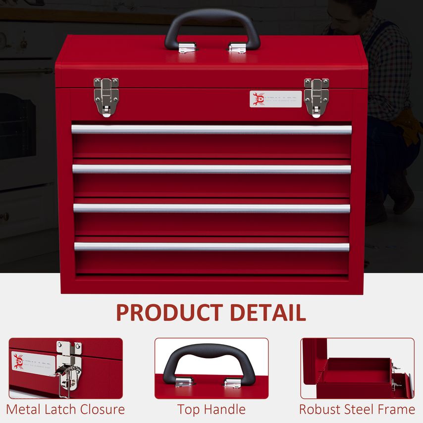 Portable 4 Drawer Tool Chest Lockable Tool Box with Ball Bearing Runners Red