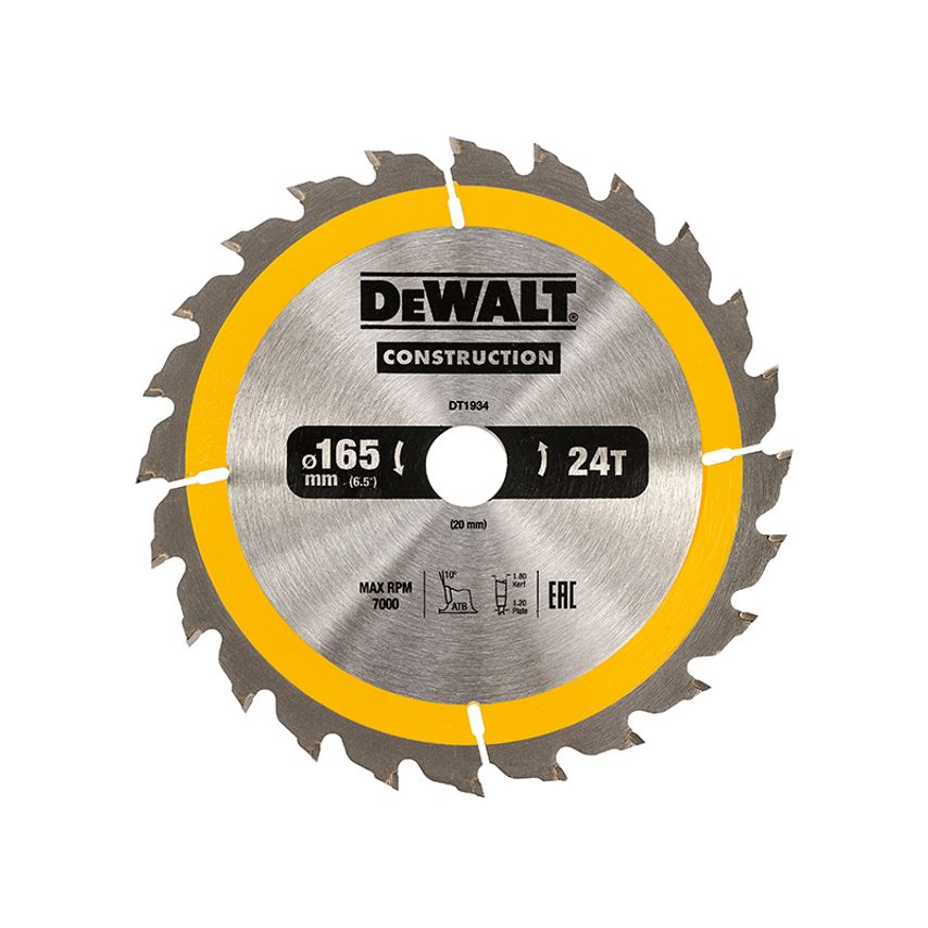 Portable Construction Circular Saw Blade 165 x 20mm x 24T DEWDT1934QZ