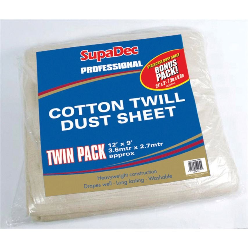 Pro Cotton Twill Dust Sheets Twin Pack of 12' x 9' (3.6m x 2.7m) Approx