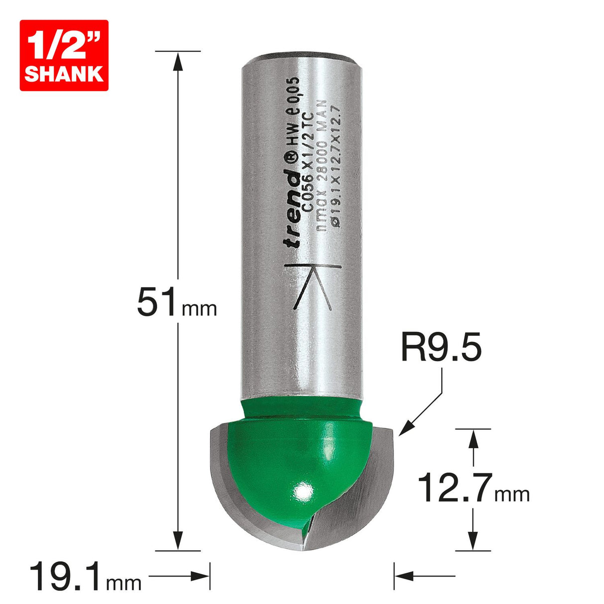 Radius 9.5mm Radius x 19.1mm Diameter - C056X1/2TC